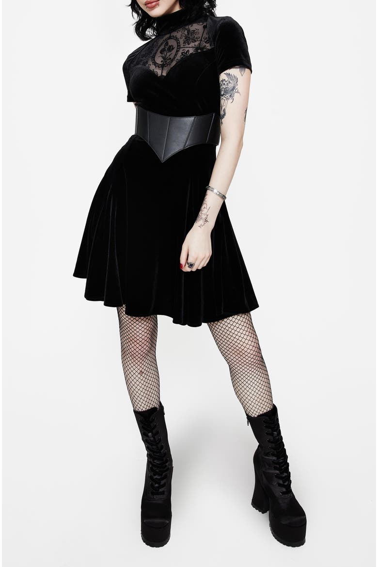 Cameo High Neck Flocked Mini Dress, Alternate, color, Black