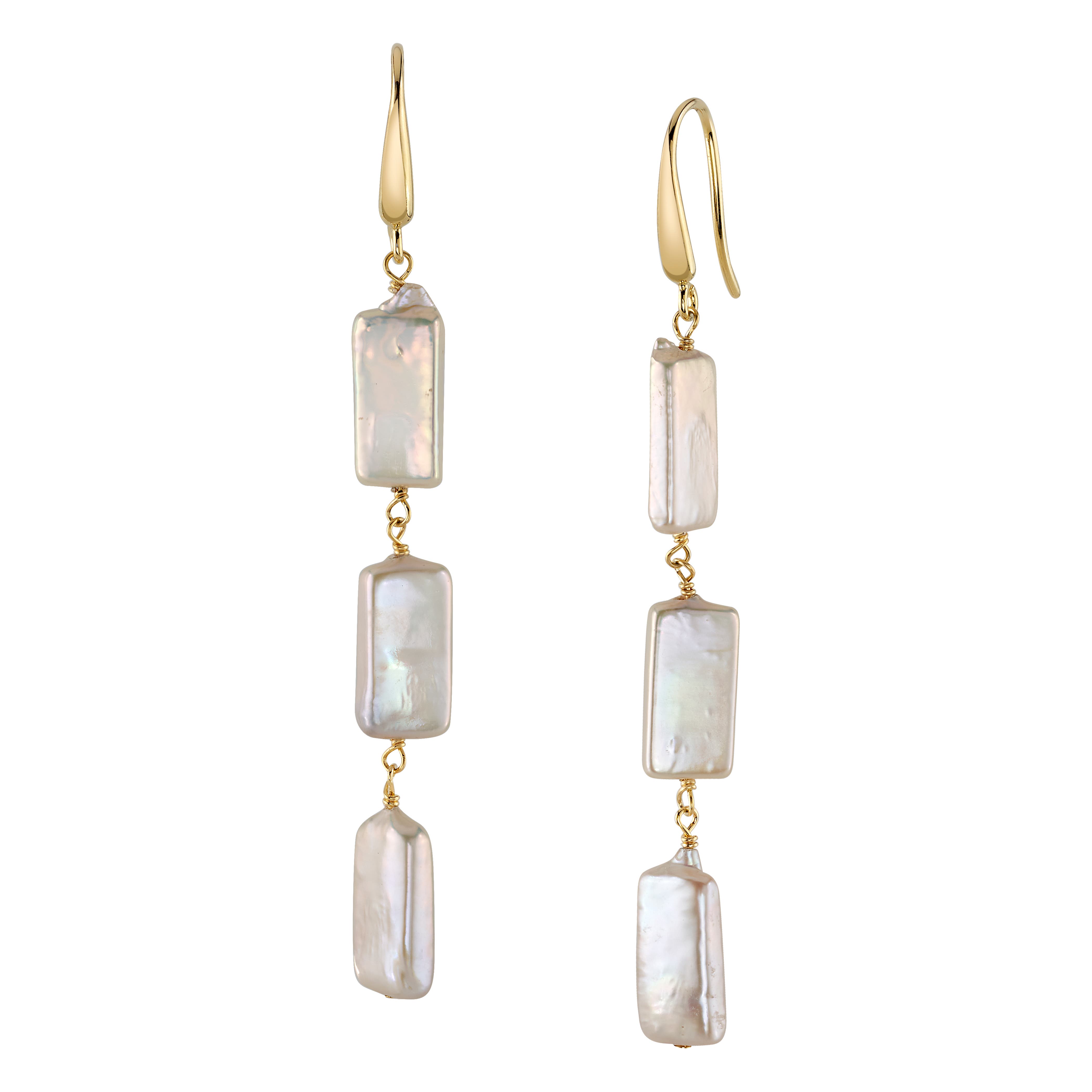 The Pearl Source Triple White Freshwater Baroque Pearl Jaylene Earrings In Yellow Gold Fill