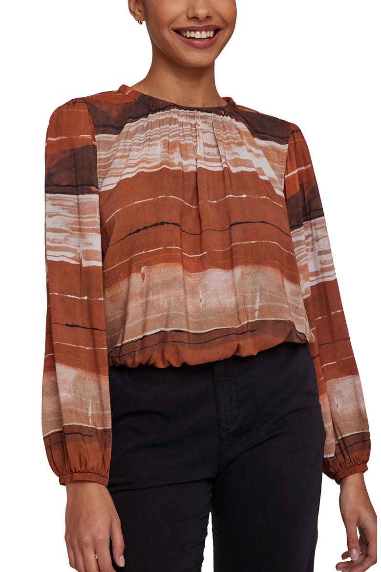 Shirred Elastic Hem Top, Main, color, RUST STRIPES PRINT
