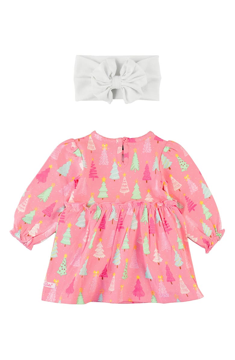 RuffleButts Holiday Tree Print Cotton Jersey Skirted Bodysuit & Headband Set, Alternate, color,