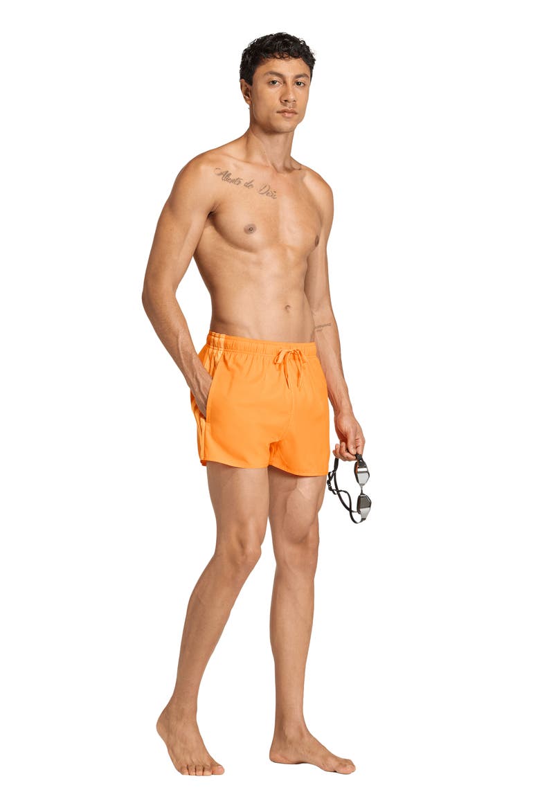 3-Stripes Swim Trunks, Alternate, color, PURE ORANGE/ LUCID TANGERINE