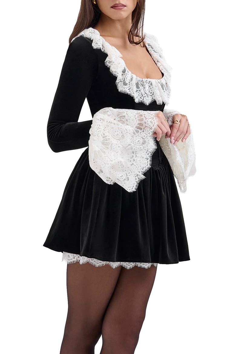 Czarina Lace Trim Ruffle Minidress, Alternate, color, BLACK