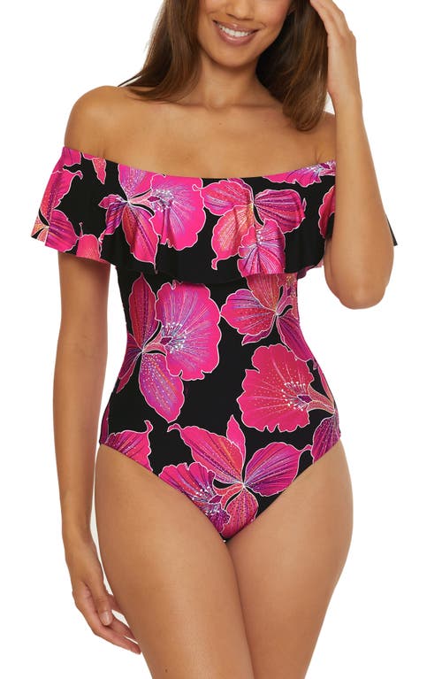 Trina Turk Fluery Ruffle Off The Shoulder One-piece Swimsuit In Black Multi