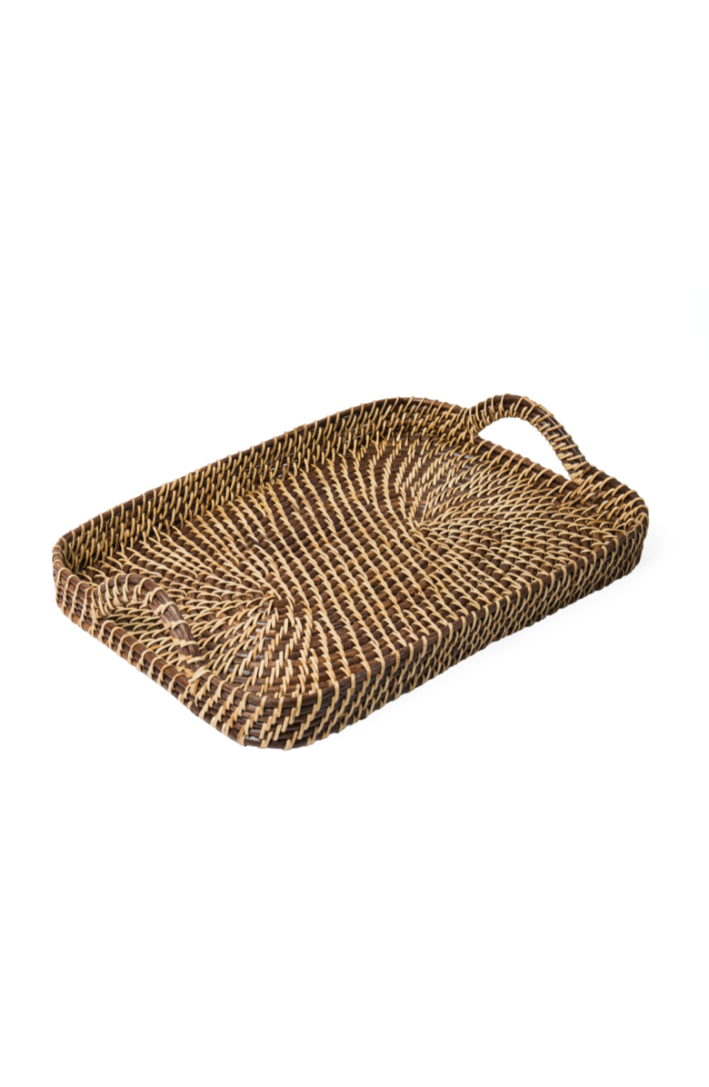 Wicker Village Brown & Natural Rectangle Tray, Main, color, Small