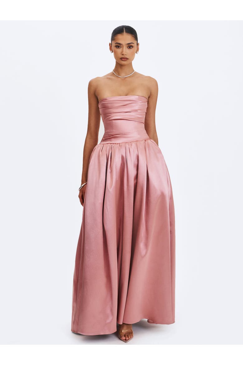 Willette Satin Strapless Gathered Maxi Dress, Alternate, color, Coral