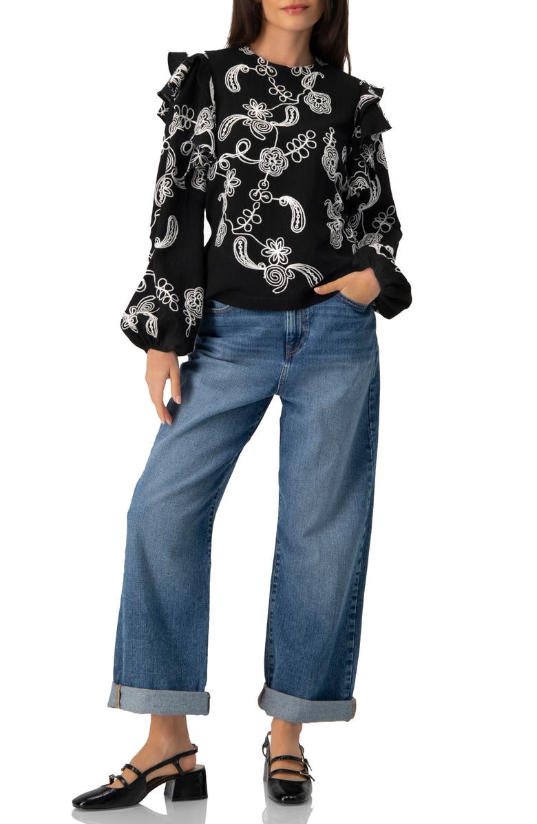 IVONNE Blouse with White Embroidery and Ruffle Detail, Alternate, color, Black