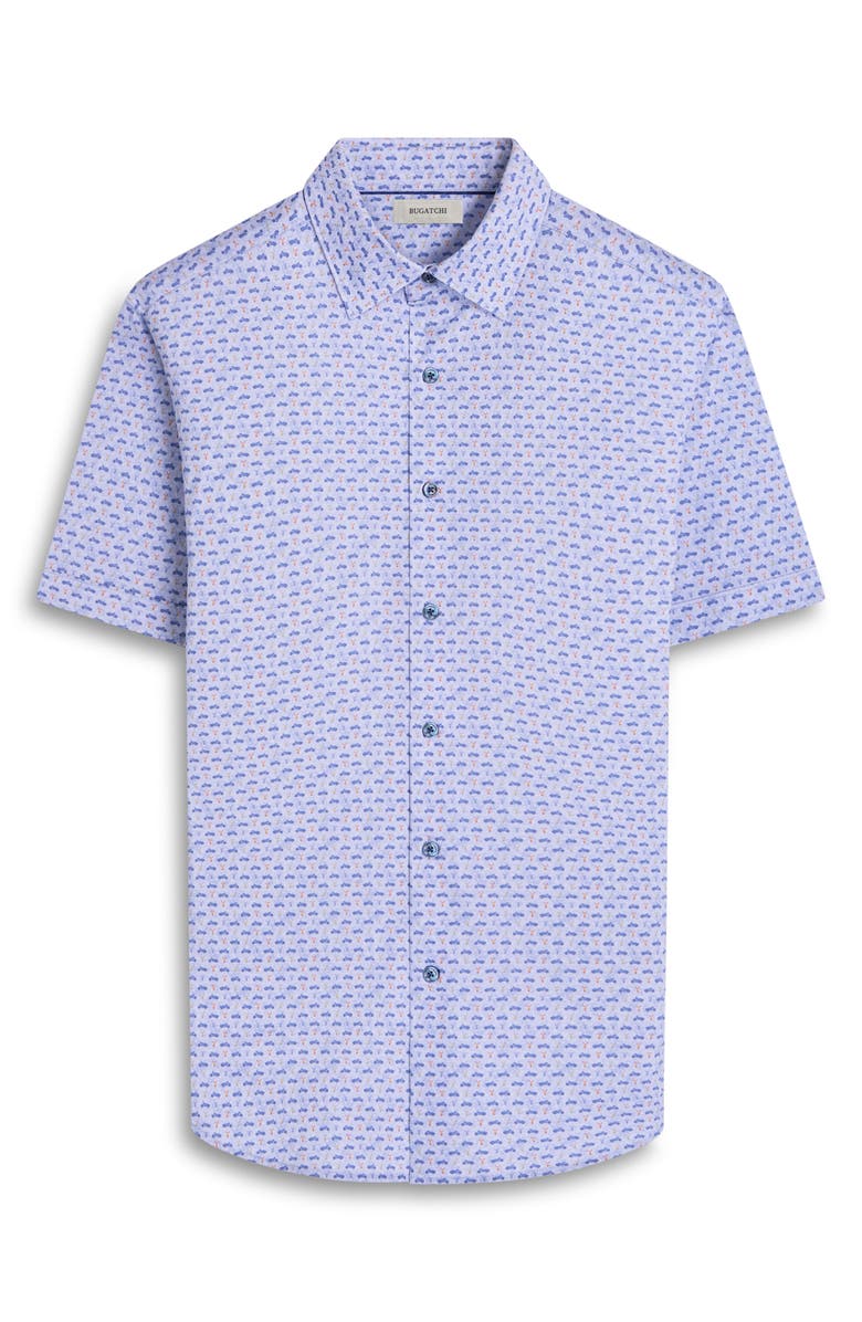 Bugatchi Miles OoohCotton<sup>®</sup> Motorcycle Print Short Sleeve Button-Up Shirt, Alternate, color, Peacock