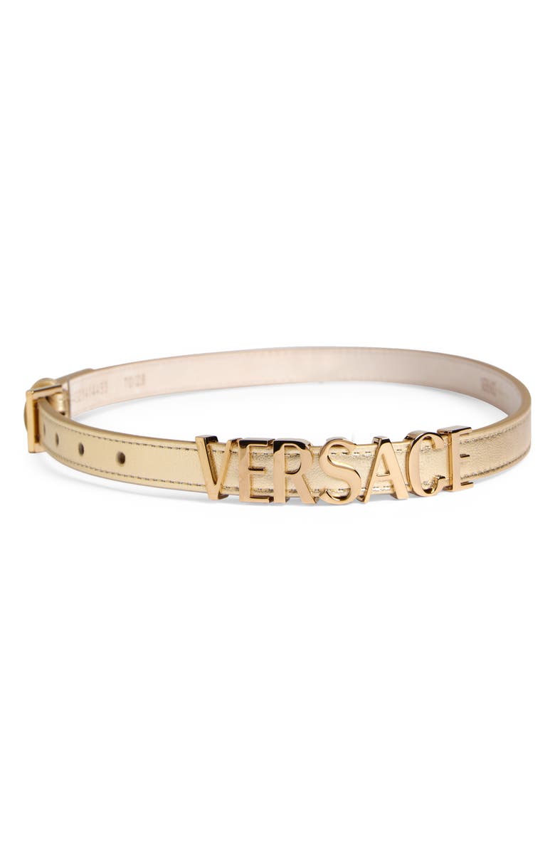 Versace Logo Metallic Leather Belt, Alternate, color, Gold-Versace Gold