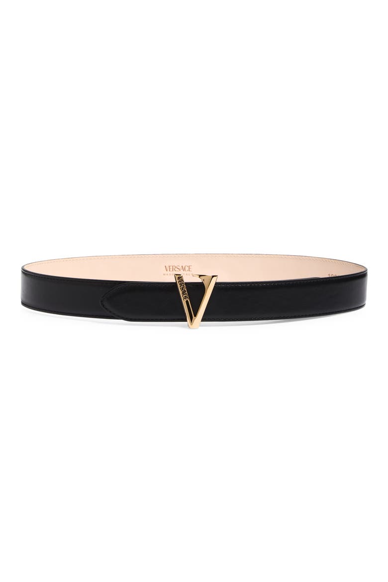Virtus Buckle Leather Belt, Main, color, BLACK-VERSACE GOLD
