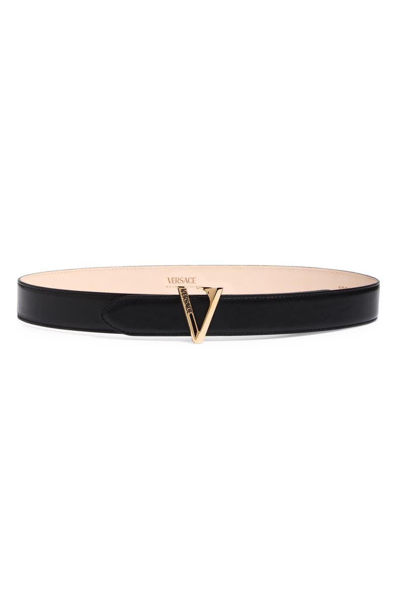 Versace Virtus Buckle Leather Belt, Main, color, Black-Versace Gold