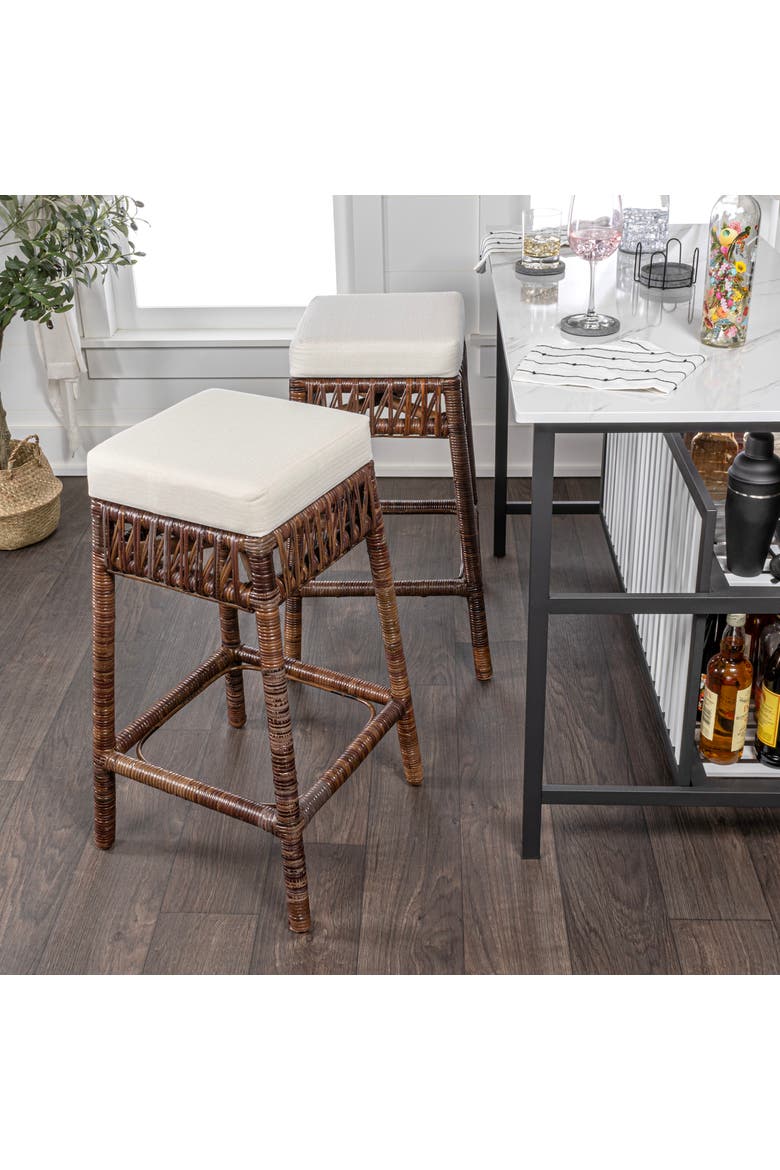 Bali Bohemian Woven Rattan Backless Counter Stool with Square Foam Cushion and Footrest for Kitchen Island or Home Bar, Alternate, color, Dark Brown (29.5" Bar Stool)