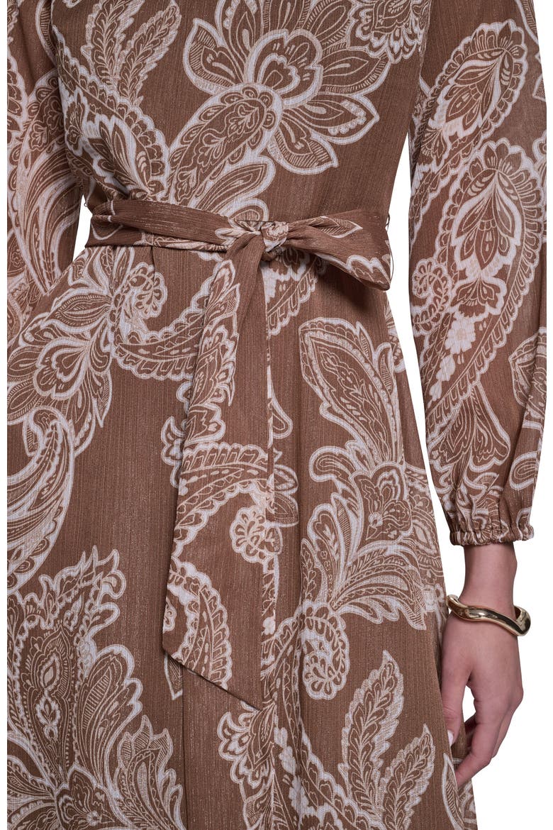 Long Sleeve Paisley Printed Chiffon Midi Dress, Alternate, color, Tan Multi