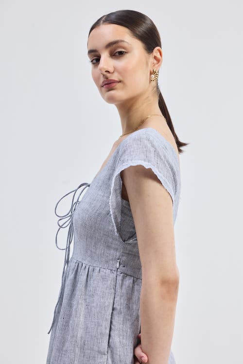 Reistor Gathered Tiered Dress With Front-ties In Pin Striped Linen