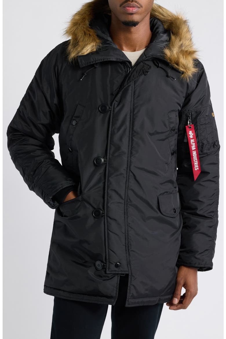N-3B Relaxed Fit Faux Fur Trim Parka, Alternate, color, BLACK