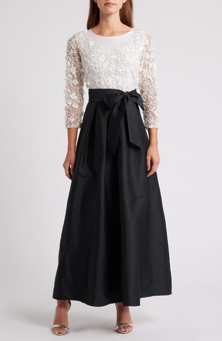 Pisarro Nights 3D Floral Bodice Beaded Gown, Main, color, Black/ White