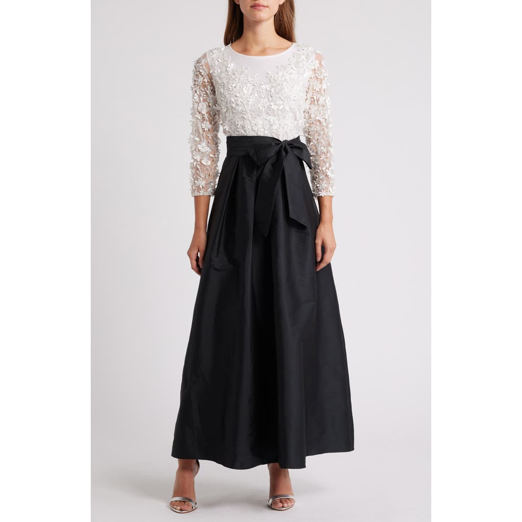 Pisarro Nights 3d Floral Bodice Beaded Gown In Black