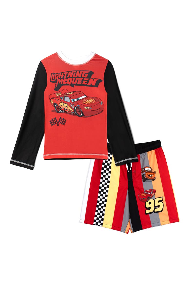 Pixar Swimwear 2-Piece Rash Guard and Swim Trunks Set, Main, color, McQueen Mater Red