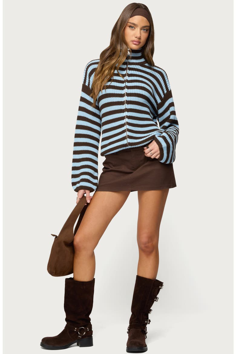 Stripe Mock Neck Zip Sweater, Alternate, color, BROWN