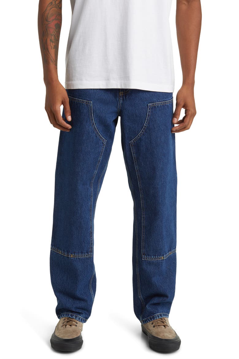 Double Knee Work Jeans, Main, color, BLUE (STONE WASHED)
