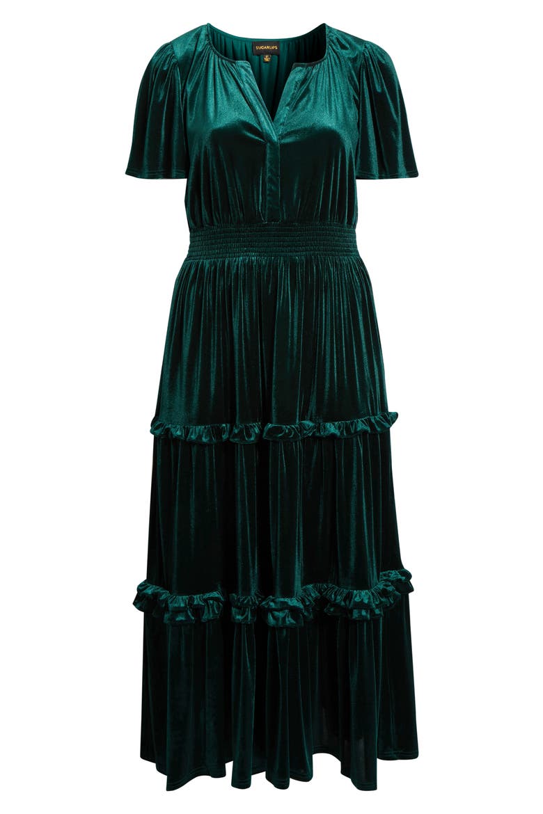 Juliete Velvet Palmer Tiered Maxi Dress, Alternate, color, EMERALD