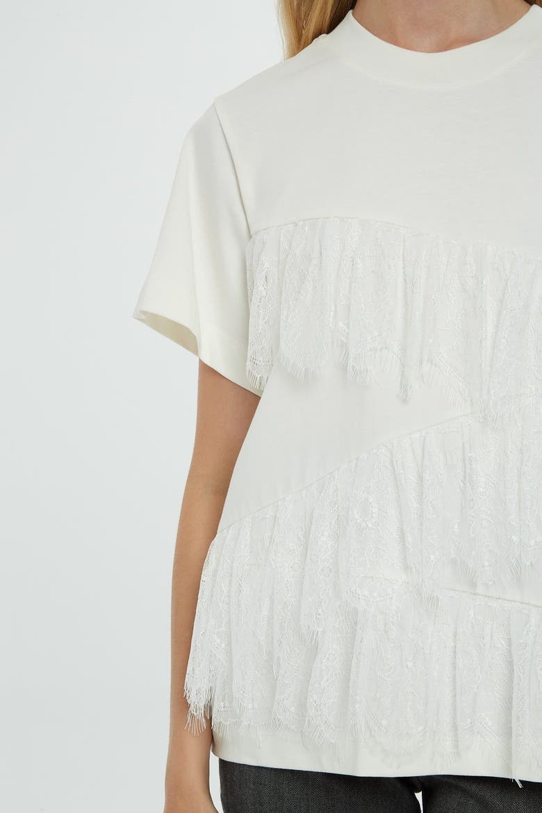 Lace Detail Short Sleeve Off-White Cotton Blouse, Alternate, color, Ecru