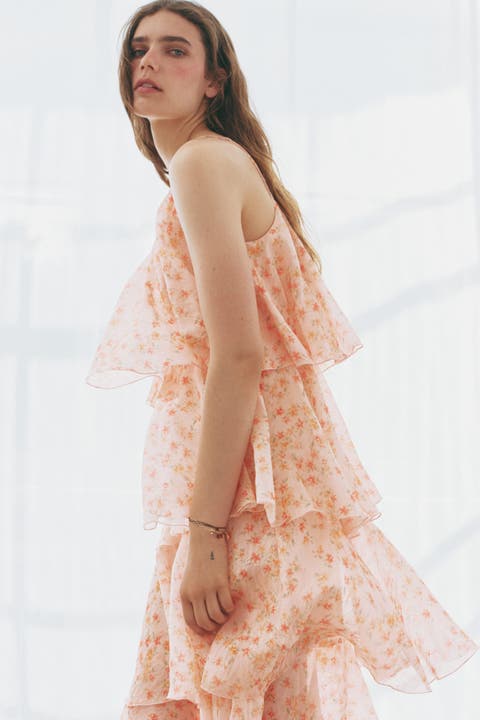Tiered One-shoulder Linen-blend Dress