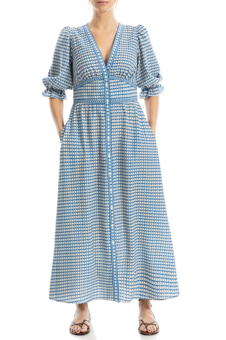 V-Neck Puff Sleeve Maxi Dress, Alternate, color, BLUE/ BLACK