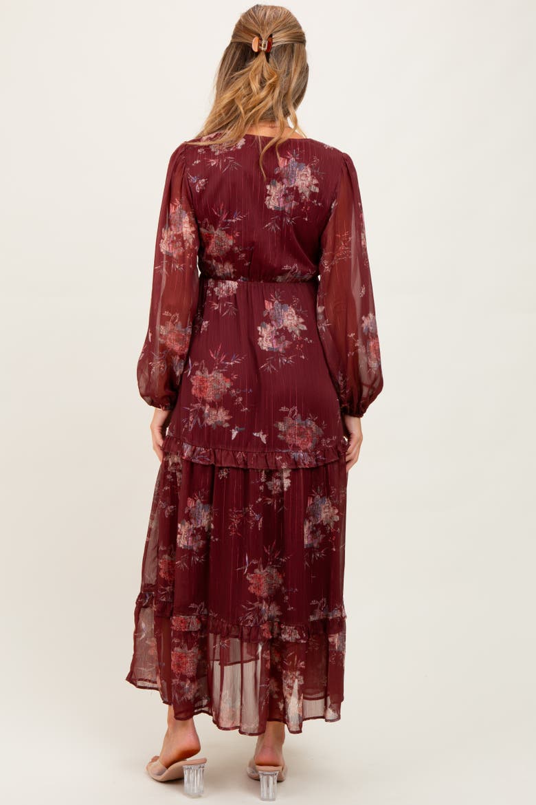 Floral Chiffon V-Neck Long Sleeve Maxi Dress, Alternate, color, Burgundy