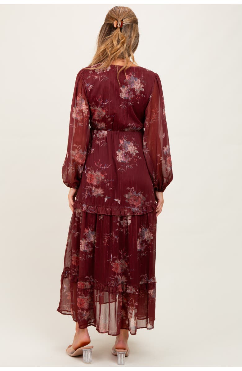 PinkBlush Floral Chiffon V-Neck Long Sleeve Maxi Dress, Alternate, color, Burgundy