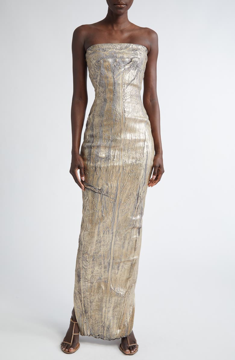 Rick Owens Strapless Metallic Coated Denim Bustier Gown, Main, color, 