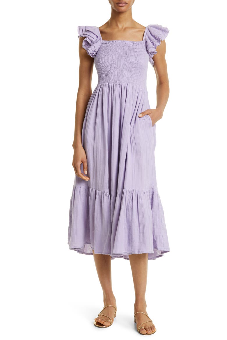 Olympia Smocked Midi Dress, Main, color, TAFFY DOUBLE GAUZE