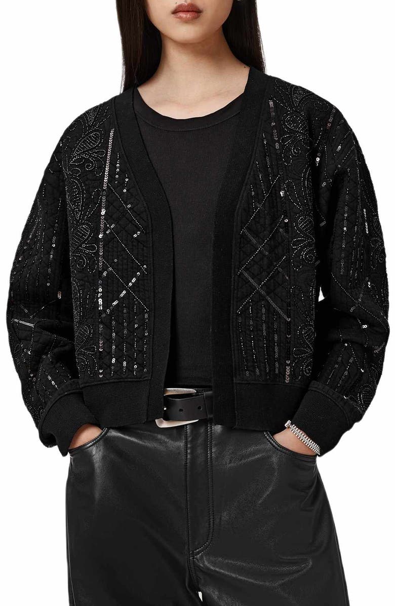 AllSaints Ava Clara Sequin Detail Cotton Blend Quilted Jacket, Main, color, Black