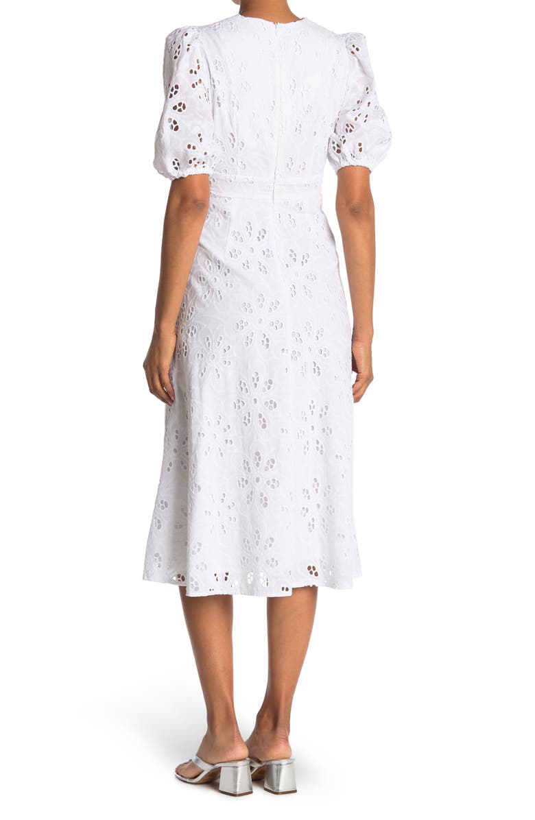 Maggy London Twist Front V-Neck Eyelet Midi Dress, Alternate, color,