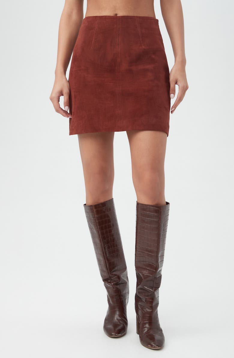 Trina Turk Rico 2 High Waist Suede Miniskirt, Main, color, Mahogany