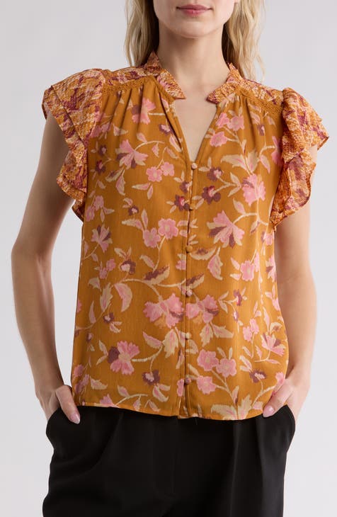 Mixed Print Double Ruffle Button-Up Shirt