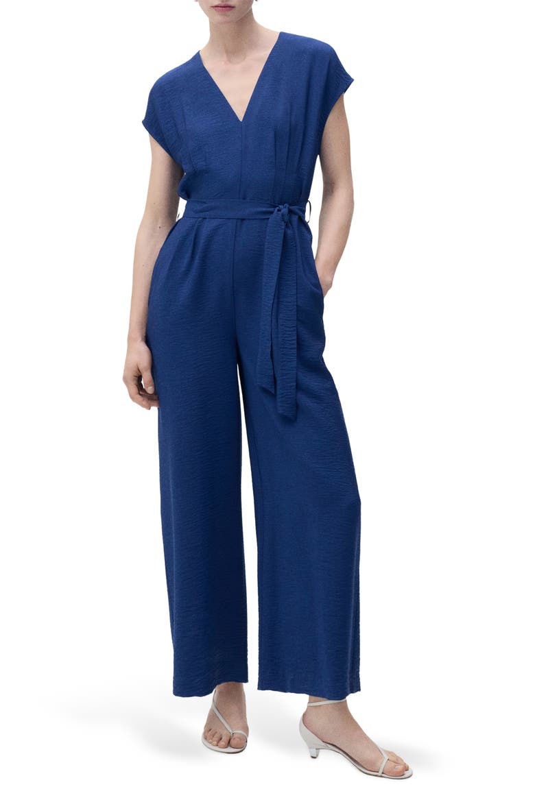 Belted Hammered Satin Jumpsuit, Main, color, INK BLUE