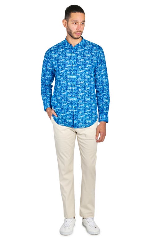 Brooklyn Brigade Abstract Leaves Mandarin Long Sleeve Shirt In Light Blue/navy