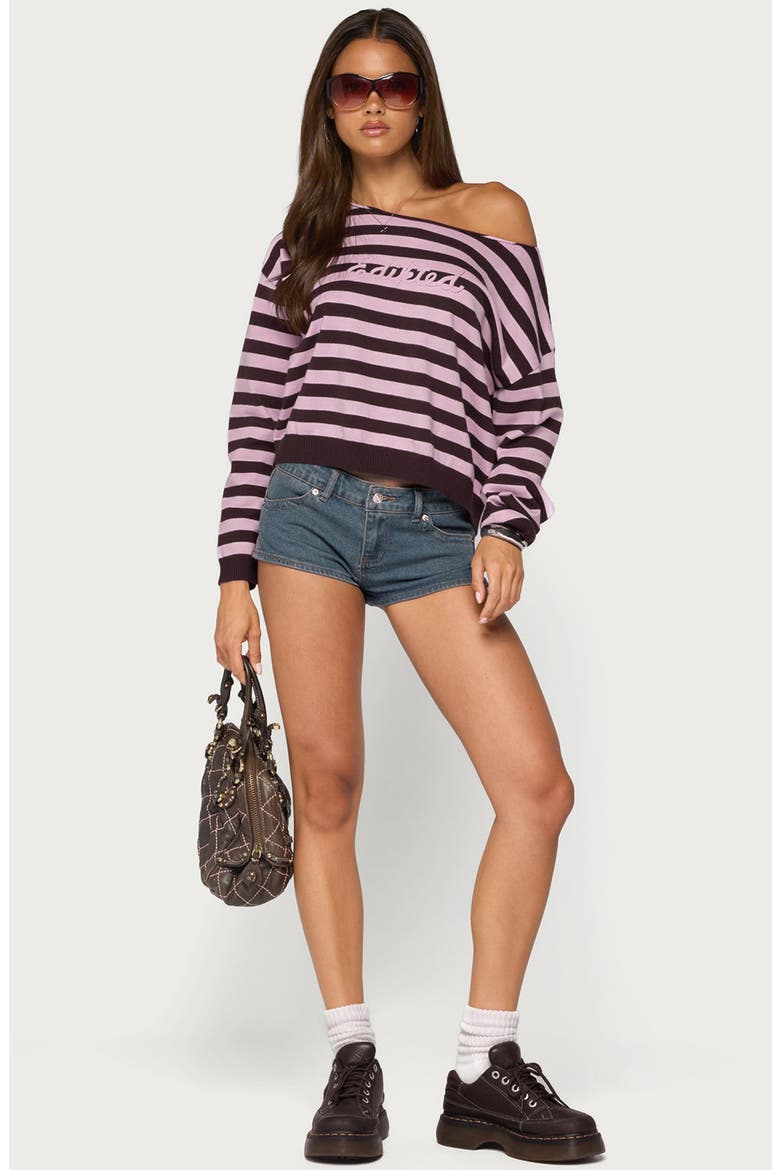 Campus Striped Off the Shoulder Sweater, Alternate, color, BURGUNDY-AND-PINK
