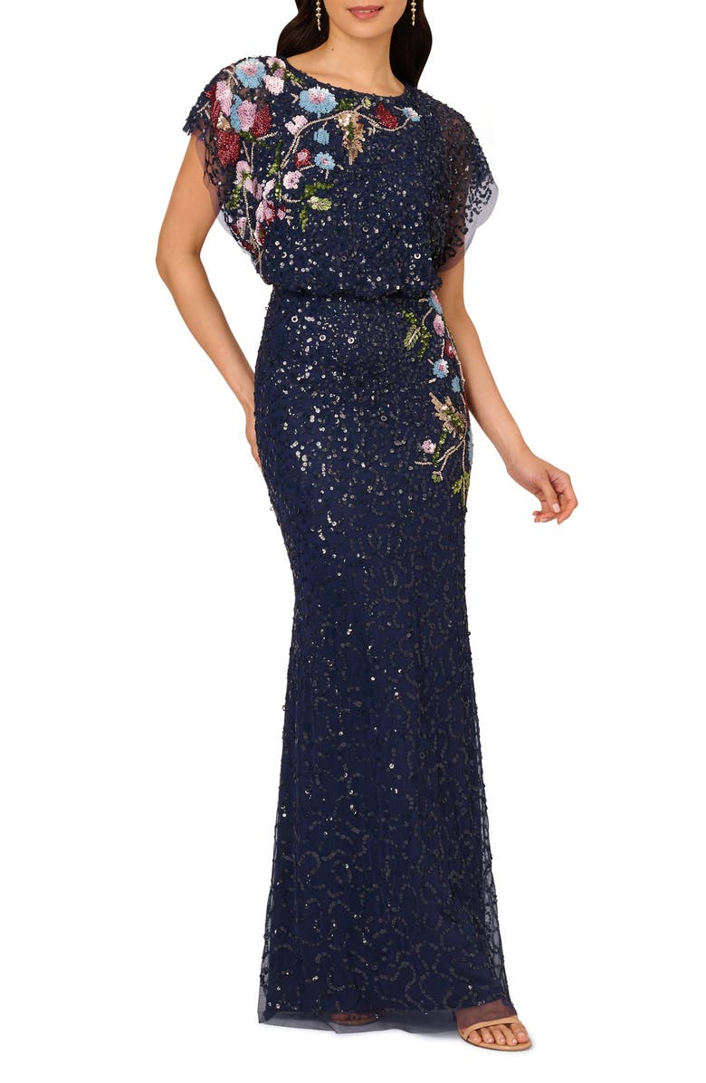 Adrianna Papell Beaded Mermaid Gown, Main, color, 