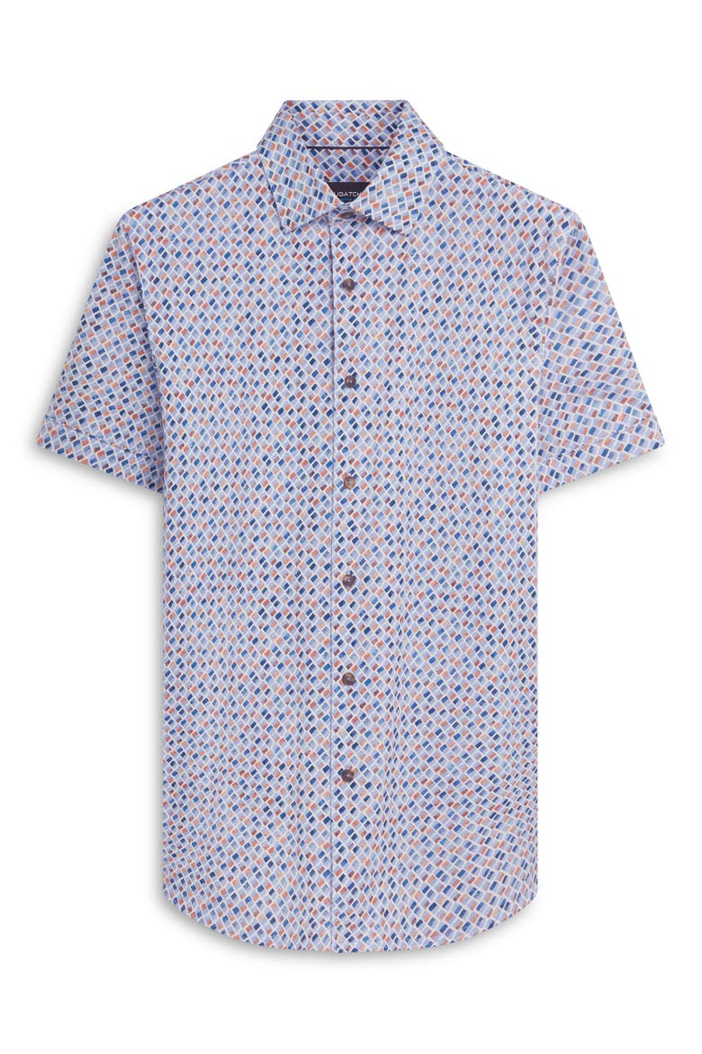 OoohCotton® Geo Print Short Sleeve Button-Up Shirt, Alternate, color, TOBACCO