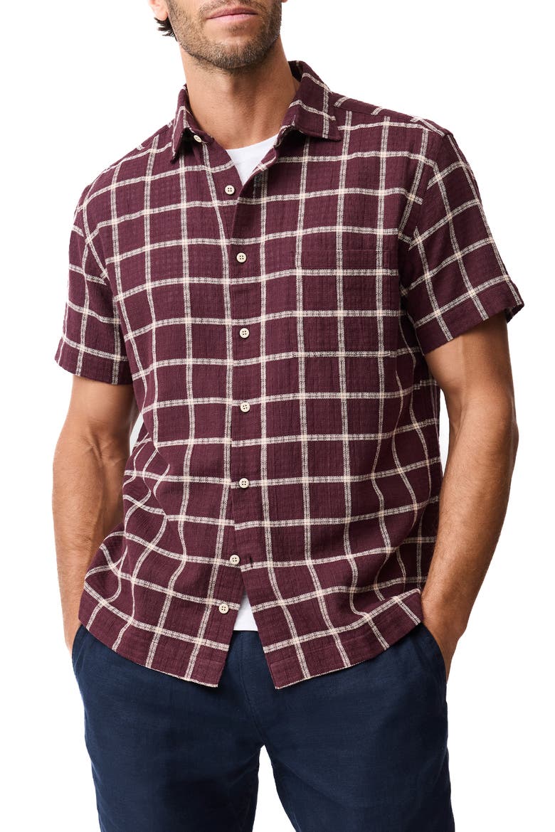 Weatherstones Windowpane Check Short Sleeve Cotton Button-Up Shirt, Main, color, BURGUNDY