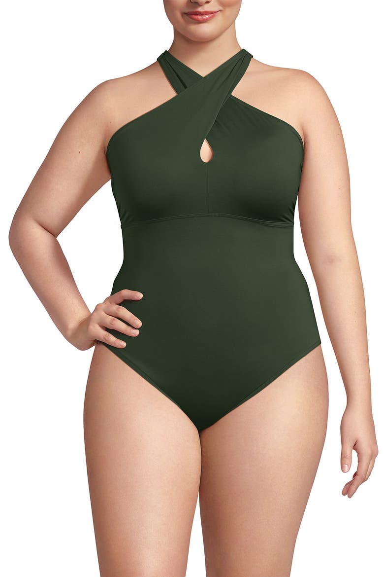 Plus Size Criss Cross Halter One Piece Swimsuit, Alternate, color, Rich Olive Green