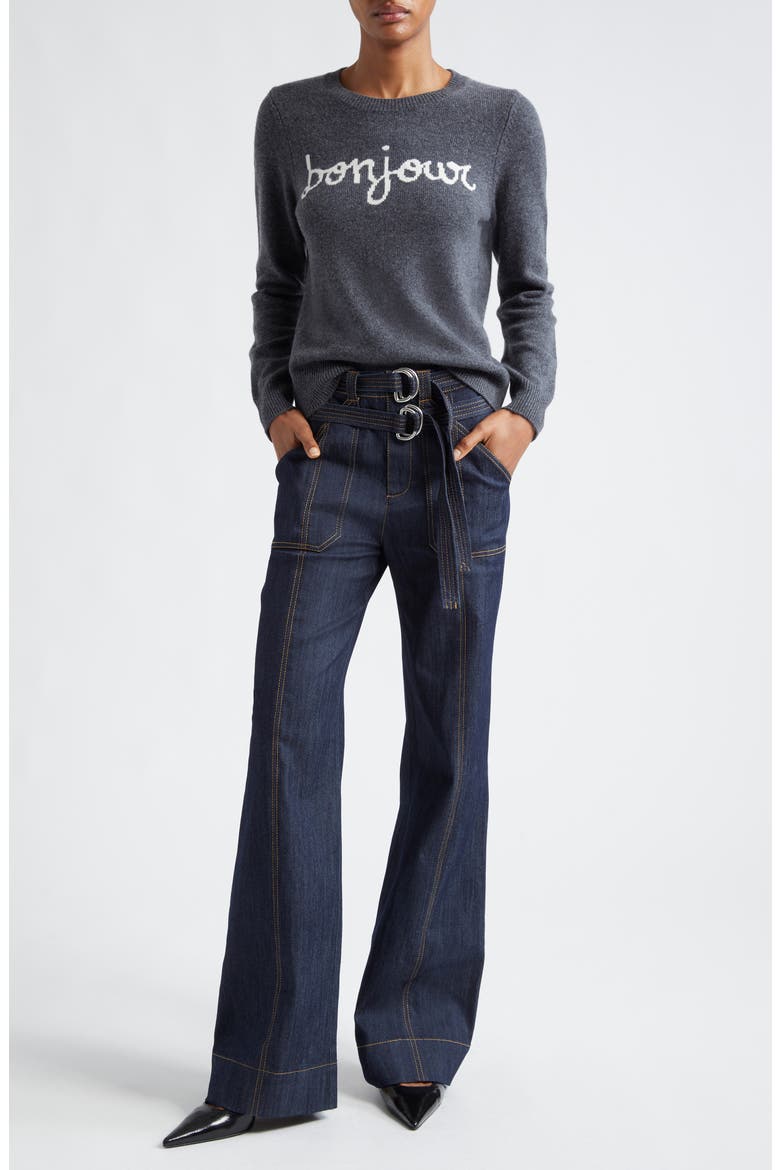 Bonjour Intarsia Crewneck Wool Blend Sweater, Alternate, color, HEATHER GREY/ IVORY