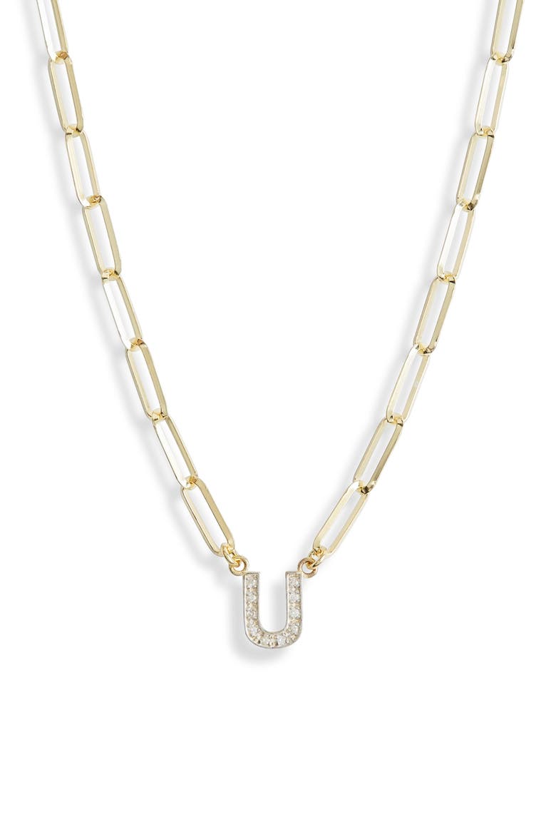 Diamond Initial Charm Paper Clip Chain Necklace, Main, color, YELLOW-U