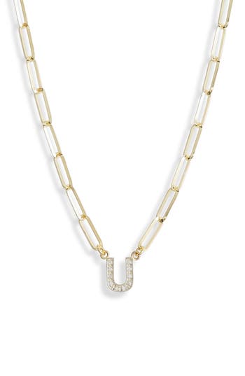 Meshmerise Diamond Initial Charm Paper Clip Chain Necklace In Gold