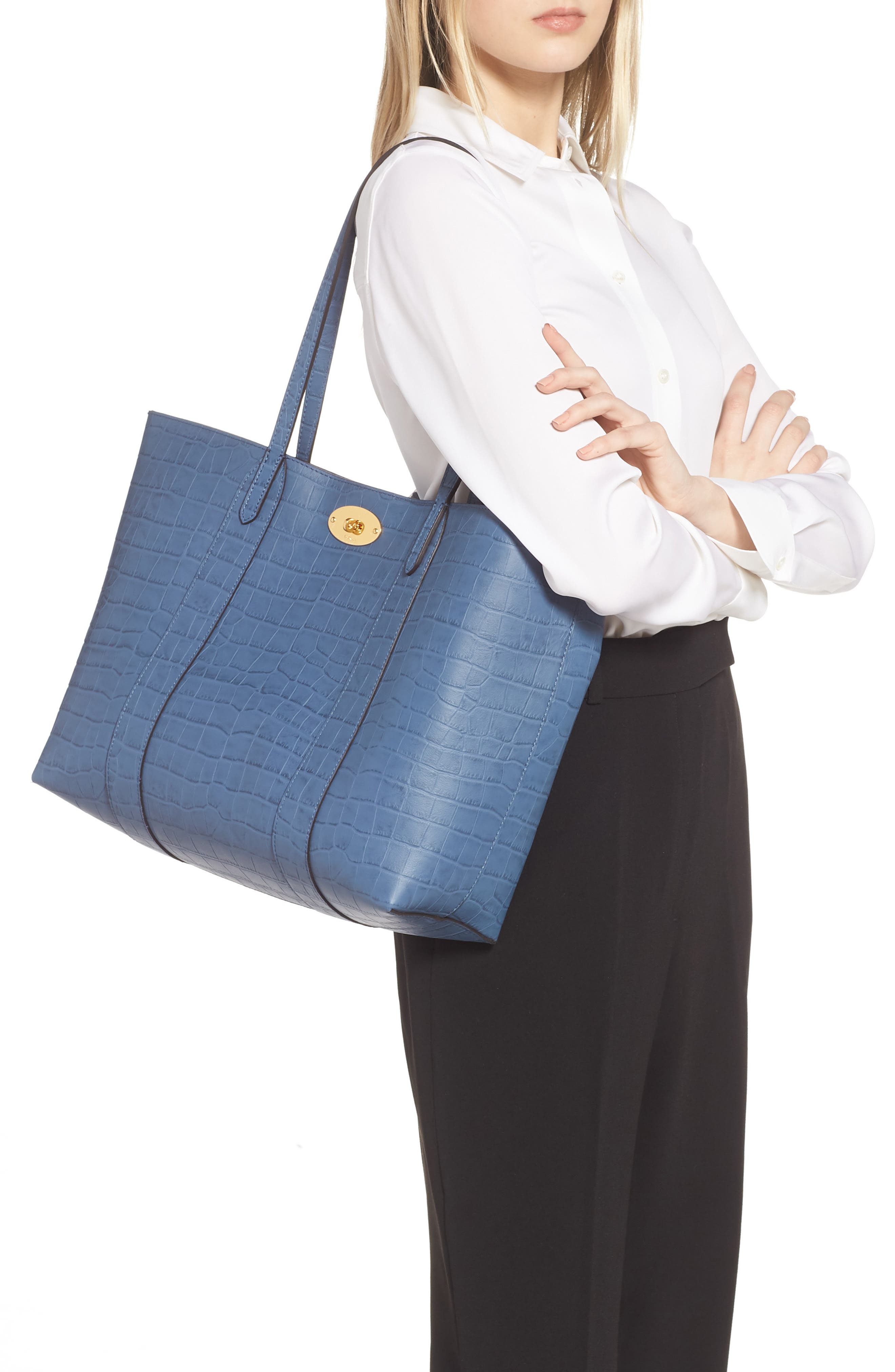 Mulberry Bayswater Matte Croc Embossed Leather Tote & Pouch, Alternate, color, 