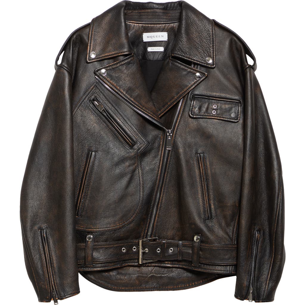 Alexander Mcqueen Peeling Leather Oversized Biker Jacket In Dark Brown/tan