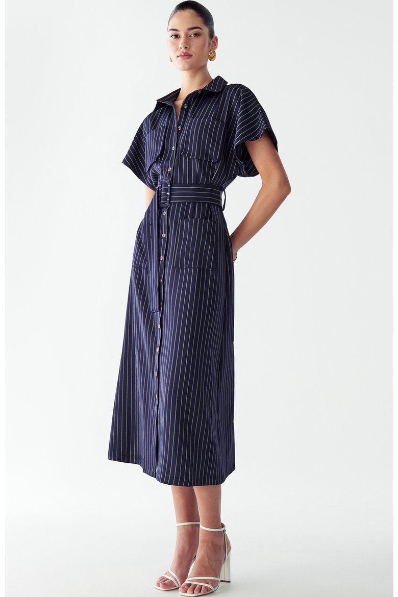 Wichita Midi Dress, Alternate, color, Navy Pinstripe