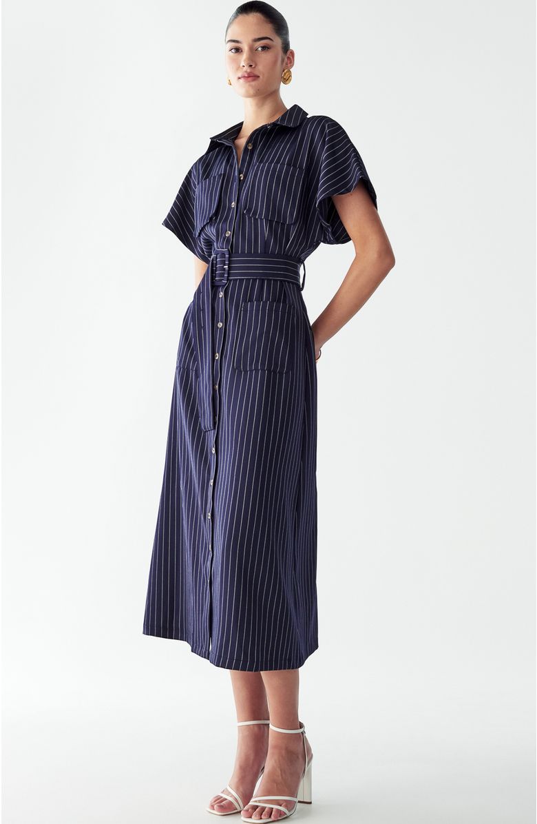 WILLA Wichita Midi Dress, Alternate, color, Navy Pinstripe