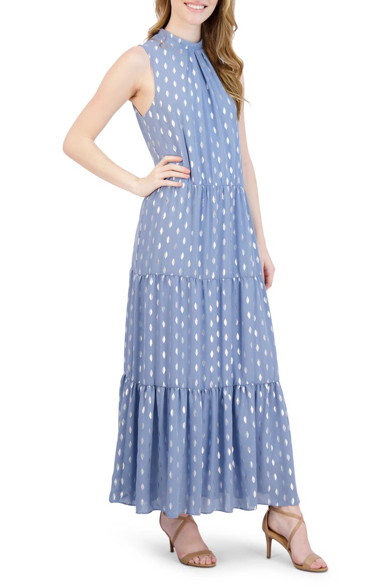Donna Ricco Foil Dot Tiered Maxi Dress, Alternate, color, BLUE/SILVE